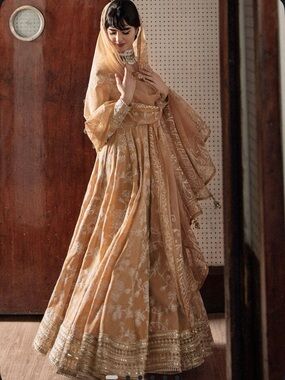 Embroidered Long-Sleeve Anarkali Dress in Warm Beige